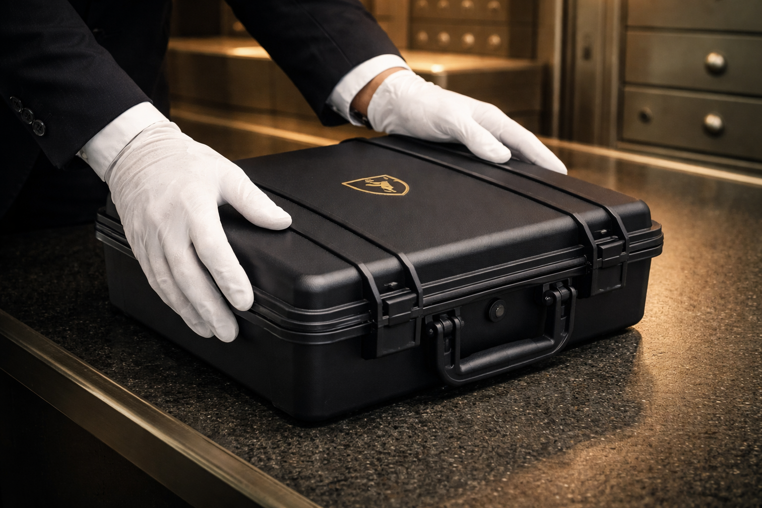 白手袋のスタッフが専用セキュリティケースを丁寧に取り扱う様子
