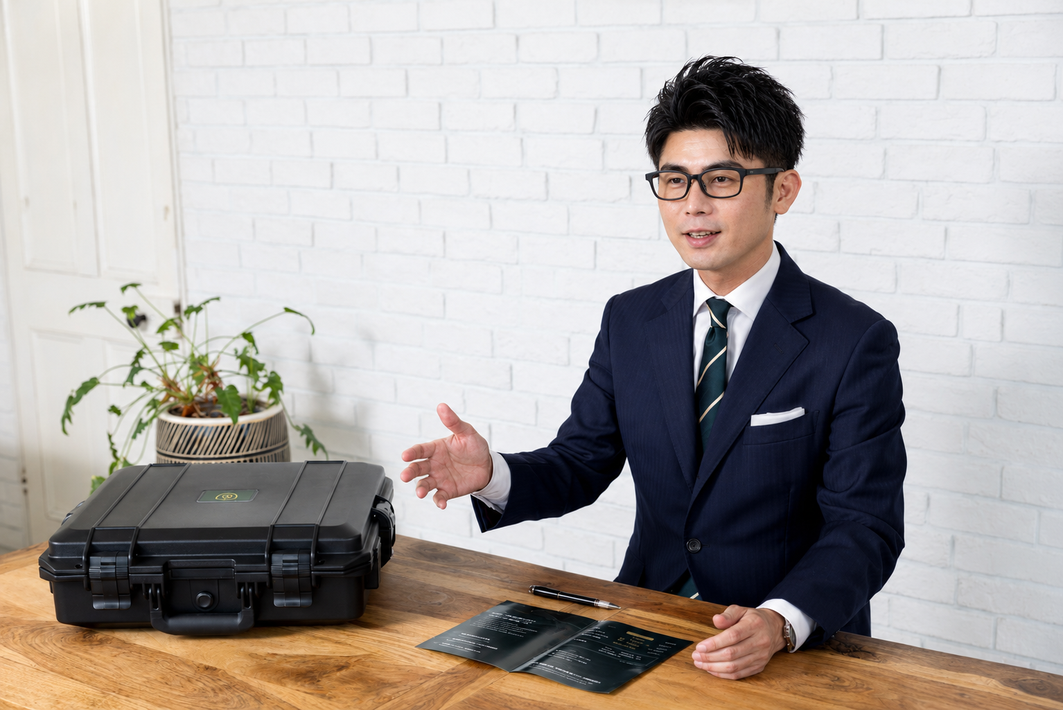 事業責任者が専用ケースを用いて利用方法を説明する様子
